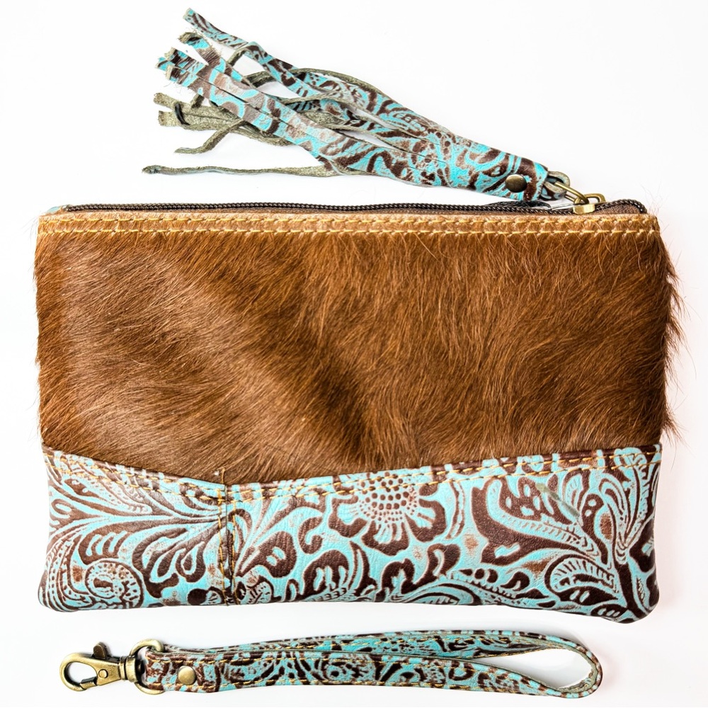 Cowhide Leather Wristlet Aqua & Brown Clutch Hair On Hide Western Festival Gear